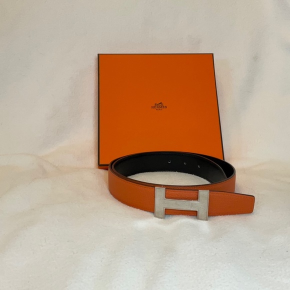 Hermes Reversible 32MM Leather Belt Orange & Black with Silver Hardware - Picture 1 of 6
